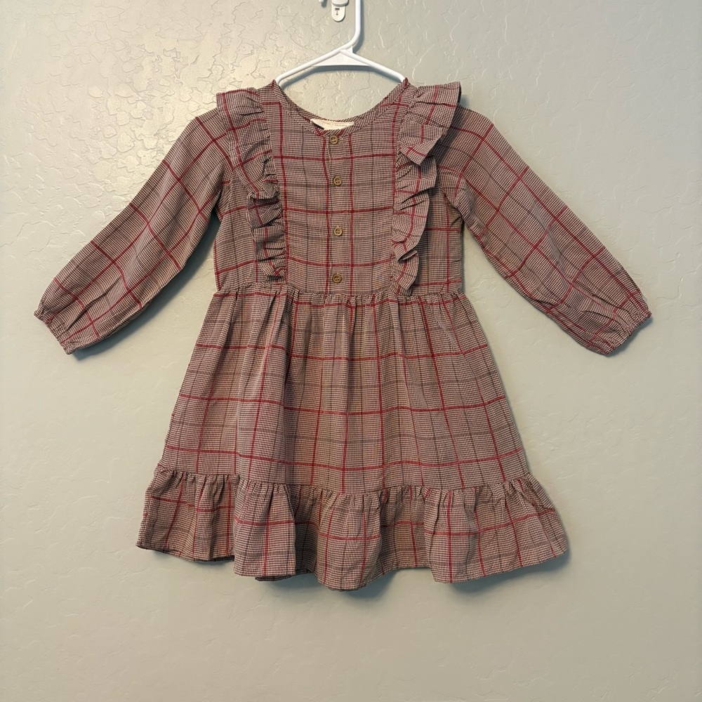 Mabel + Honey Hazel Button Brown plaid Dress with ruffle details size 6x